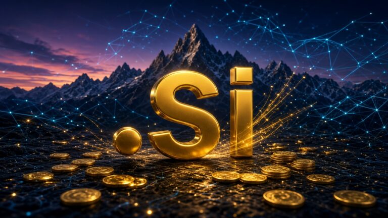 Gold 3D .si letters in front of the Julian Alps overlaid with glowing neural network lines and gold coins, representing the .si domain rush after AI was renamed Super Intelligence