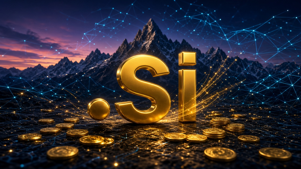 Gold 3D .si letters in front of the Julian Alps overlaid with glowing neural network lines and gold coins, representing the .si domain rush after AI was renamed Super Intelligence